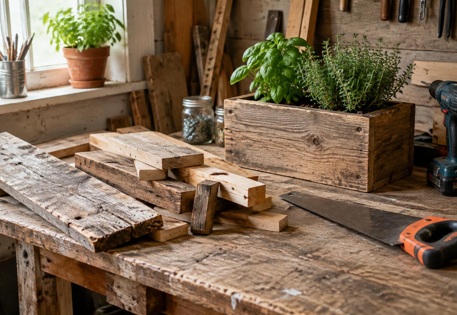 Scrap wood offcuts on a workbench next to a finished herb planter