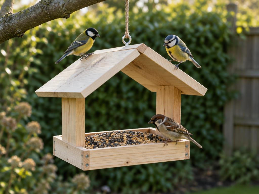 The finished scrap-wood bird feeder hanging from a cord, its tray filled with seed and small birds perched on the roof.
