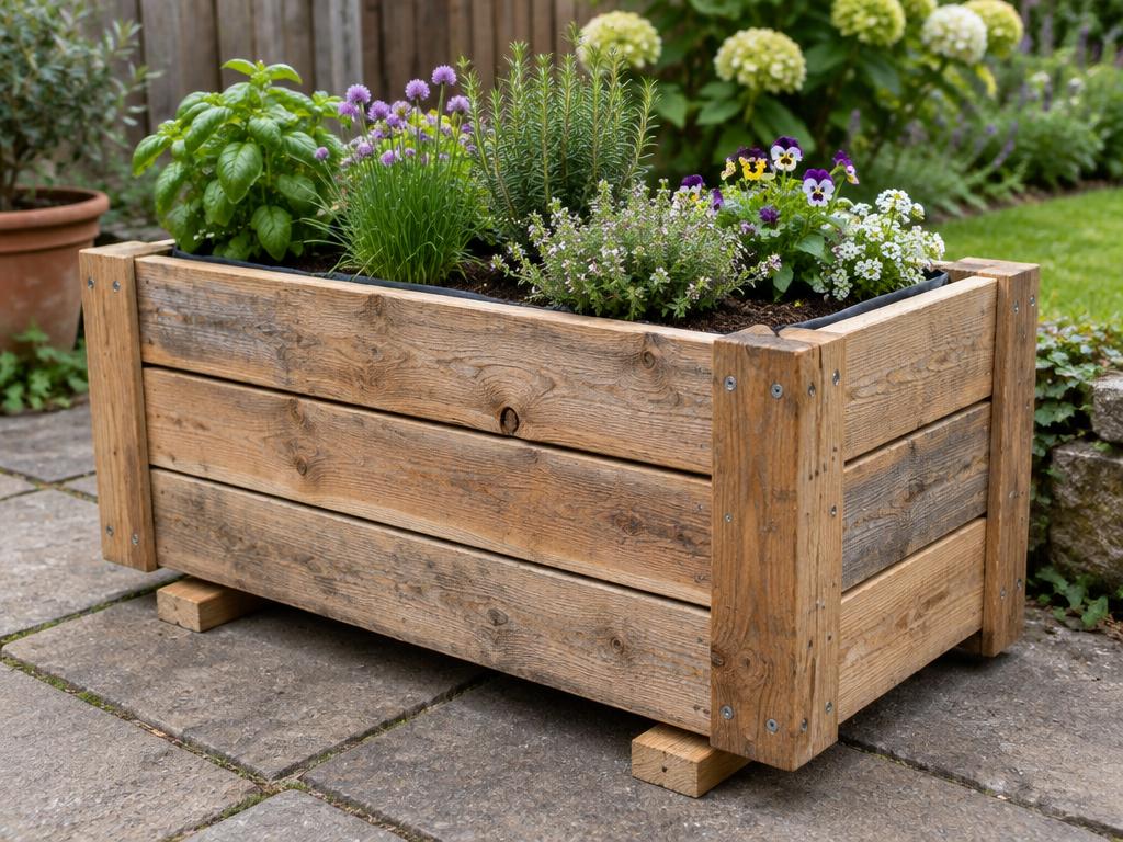The finished scrap-wood planter box, raised on offcut battens and planted with herbs.