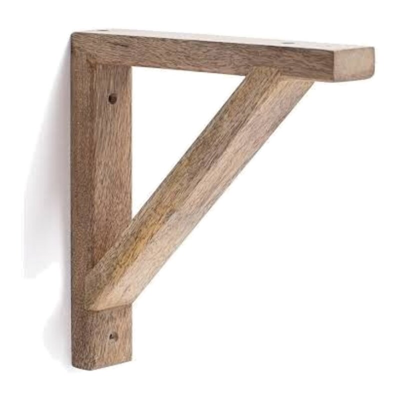 Homemade wooden shelf bracket: a vertical wall leg with two countersunk screw holes, a horizontal top arm, and a diagonal brace screwed between them.