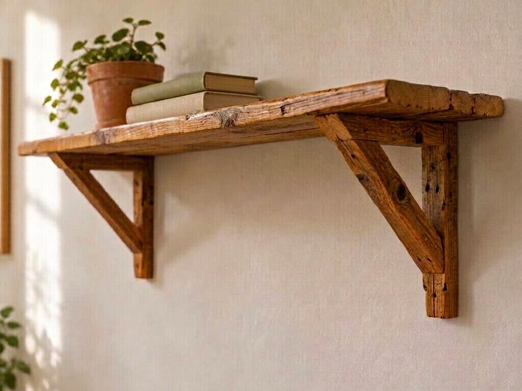 A simple wooden wall shelf held up by two homemade triangular brackets: a vertical wall leg screwed to the wall, a horizontal top arm under the shelf board, and a diagonal brace with mitred ends screwed between them.