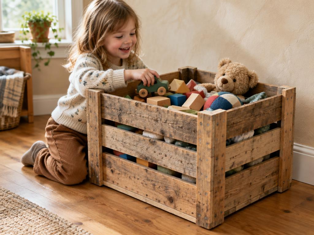 A slatted scrap-wood storage crate filled with children's toys — wooden blocks, a teddy bear, a ball and a toy car — with a smiling child kneeling on the floor beside it.