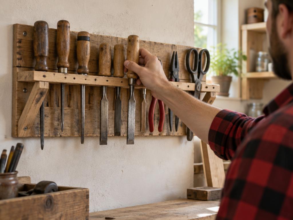 A wall-mounted scrap-wood tool rack holding screwdrivers, chisels, pliers and shears, with a man in a red-and-black lumberjack shirt reaching out to take a chisel.